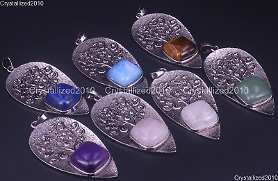#ad Natural Gemstones Life Tree Drop Slice Reiki Pendant Charm Beads Tibetan Silver $6.88