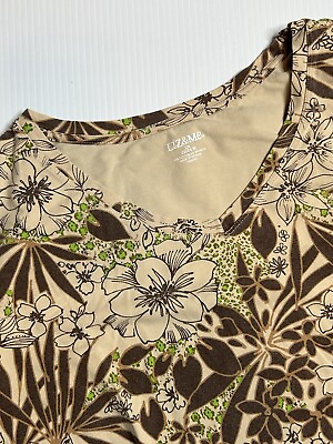 #ad Liz amp; Me By Catherines 2X Womens Brown Floral Print V Neck Short Sleeve Shirt $15.99