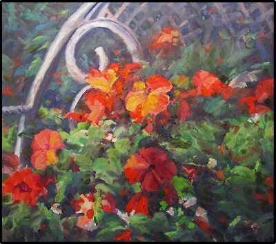 #ad Original Oil Painting on Canvas Farmhouse Style Red Flowers Garden Art Jeff Love $325.00