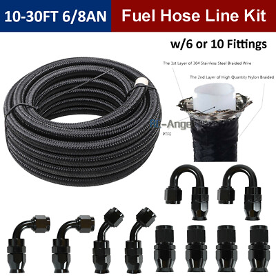 #ad 6AN 8AN 10AN Black Nylon E85 PTFE Fuel Line 10 30FT w 6 or 10 Fittings Hose Kit $41.93