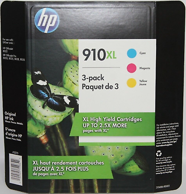 #ad New Genuine HP 910XL Cyan Magenta Yellow 3PK Ink Cartridges OfficeJet 8022 8020 $33.99
