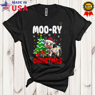 #ad Moo ry Christmas Santa Dairy Cow Xmas Lights Tree Farm Animal Lover 2D T SHIRT $12.98