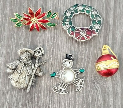#ad Vintage amp; Modern Mixed Christmas Brooch Pin Lot 5pcs Snowman Wreath Ornament $16.90