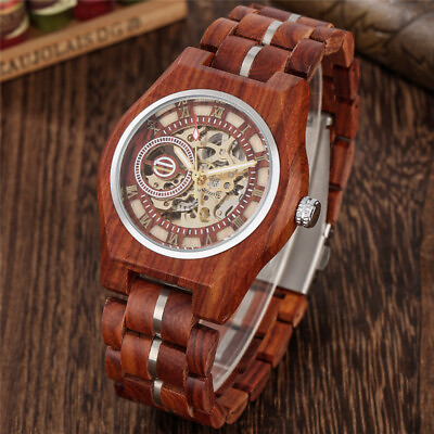 #ad Creative Men Sandalwood Watch Auto Mechanical Luminous Hands Display Wooden Band AU $50.75