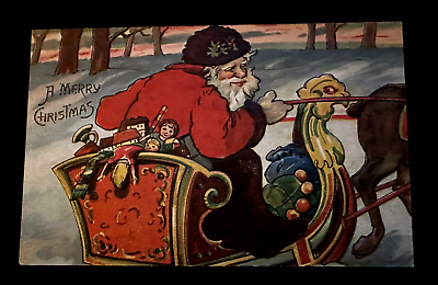 #ad Santa Claus in Sled with Toys Dolls Holly Antique Christmas Postcard h678 $18.00