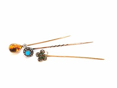 #ad LOT OF 3 ANTIQUE HAT PINS COLLECTOR CLASSIC IRISH CLOVER CITRINE TURQUOISE $600.00