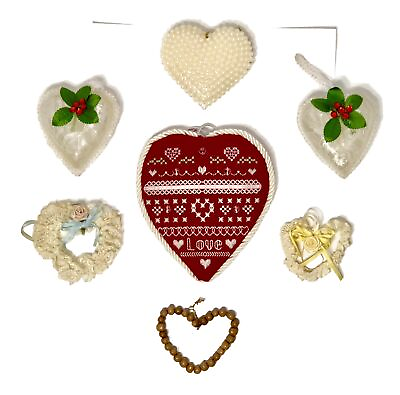 #ad Lot 7 Vintage Handmade Heart Shaped Ornaments Beads Lace Ribbon Valentines Day $29.95