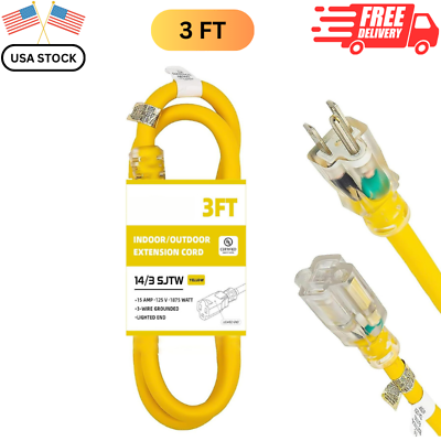 #ad 3FT 14 3 Lighted Outdoor Extension Cord Heavy Duty Yellow Cable 14 Gauge 3 Prong $13.15