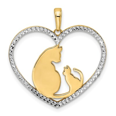 #ad 14k Yellow Gold amp; White Rhodium Shiny Cut Cat amp; Kitten in Heart Pendant $332.95