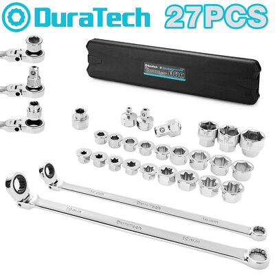 #ad DURATECH Extra Long Flex Head Ratcheting Wrench Set 27PCS 8 22mm Socket Adapters $68.99