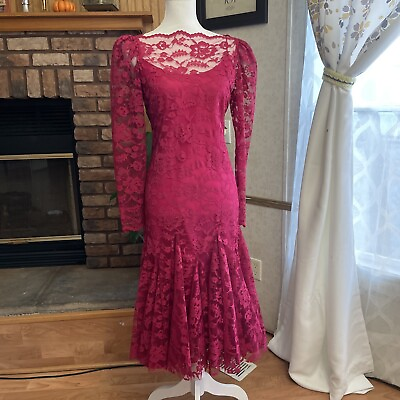 #ad Vintage 80s Women’s 30s Style Fucsia Lace Dress Size 6 Small $56.00
