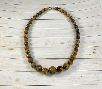 #ad 925 Tiger#x27;s Eye Gemstone Beaded Necklace Round Fine 18.5 inches $85.50