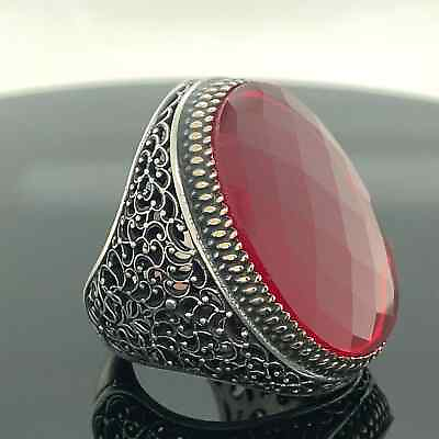 #ad Man Handmade Large Ring Silver Ruby Stone Ring Big Red Stone Ring $99.00
