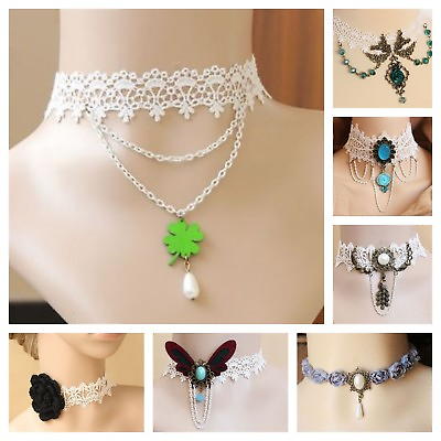 #ad Necklace Choker Lace Jewelry White Pendant Rose Butterfly Gift Costume $9.99