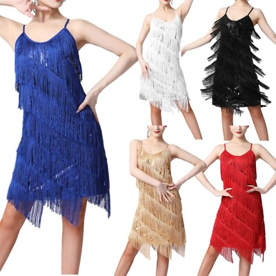#ad Women#x27;s Sleeveless Dress 1920s Vintage Fringed Flapper Dress Latin Dance Dress $25.10