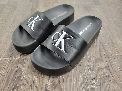 #ad #ad Calvin Klein Dariela Black White Logo Slides Sandals Shoes Size 7 $9.99