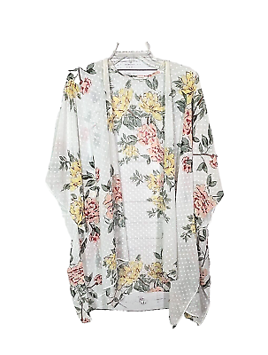 #ad Maurices White Floral Print Swiss Dot Open Front Kimono Top Womans One Size $16.24