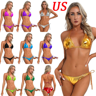 #ad US Womens Metallic Swimsuit Halter Bra Top Thongs Tie Side Triangle Bikini Suit $7.43