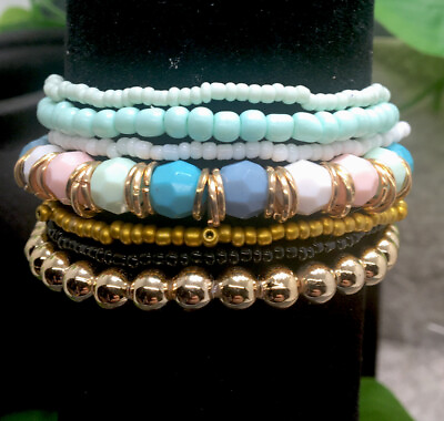 #ad 7 PC Handmade Bohemian Beaded Stackable 6.75quot; Plus Stretch Bracelet Set New A880 $9.92
