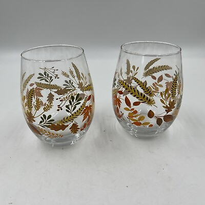 #ad Fall Leaves and Wheat 16oz Stemless Wine Glass Set of 2 CC01B33017 $26.64