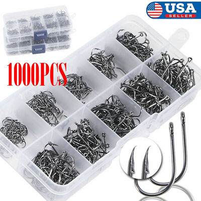 #ad 1000Pcs 10 Sizes Fish Hooks High Carbon Steel Sharpened Fishing Hook With Box $11.92