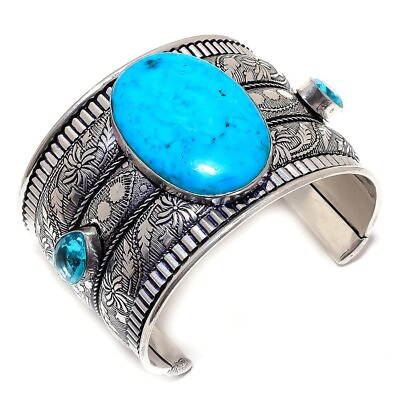 #ad Arizona Turquoise Blue Topaz 925 Sterling Silver Cuff Bracelet Adjustable $15.49