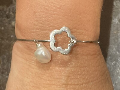 #ad Sterling Silver 925 Bangle Charm Bracelet W Pearl Charm 6.5 In Flower Blossom $25.00