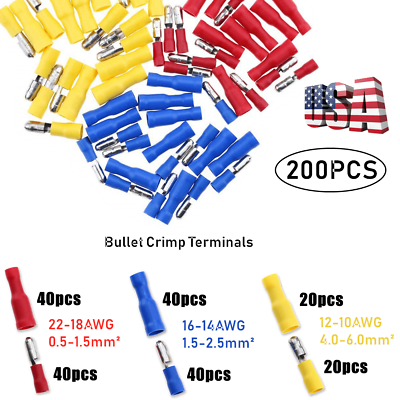 #ad 200pcs Vinyl Insulated Crimp Bullet Connector Male Female 22 10AWG Wire Terminal $12.99