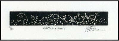 #ad Chipper OUTDOOR WILD BABY BIRDS. WINTER SPORTS. Original LINOCUT Signed Numbered $25.00