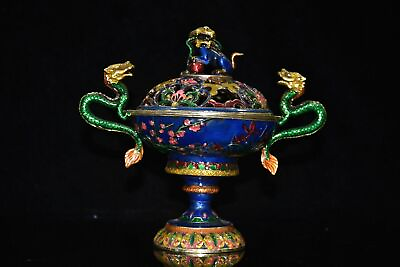 #ad old China antique Pure copper Cloisonne double dragon Incense Burner $141.96