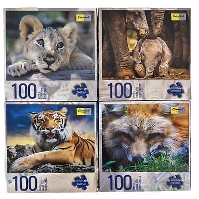 #ad Lot 4 100 Piece Jigsaw Puzzles Tiger Fox Lion Animals Kids Valentines Day Easter $19.99