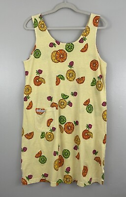 #ad Fresh Produce Shift Dress Yellow Citrus Fruit Print Vintage Sundress sz Medium $35.40