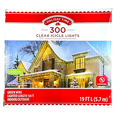 #ad Holiday Time 300 CLEAR Icicle Lights Green Wire USED BOX MAY BE DAMAGED $21.99