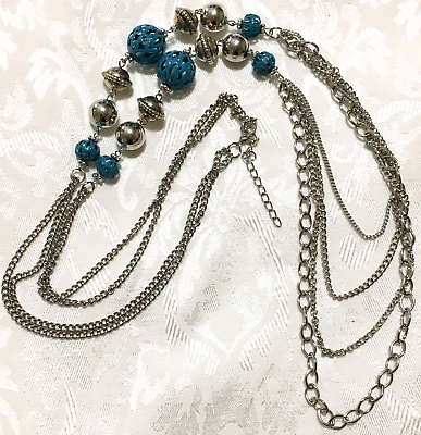 #ad Silver Tone Turquoise Tone Long Chain Necklace Layered Metal $8.89