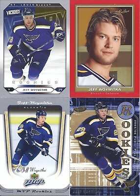 #ad #ad Jeff Woywitka 2005 06 UD MVP Victory Bee Hive amp; Power Play Rookie Cards 4 $1.00