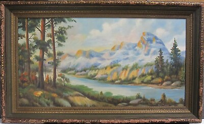 #ad Vintage Mountain River Landscape Oil Painting on Canvas by Rela Ingham 1948 $275.00