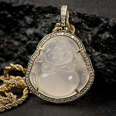 #ad Mens Hip Hop Iced 5A Cz Clear Jade Buddha Pendant Rope Chain Necklace Set $399.99
