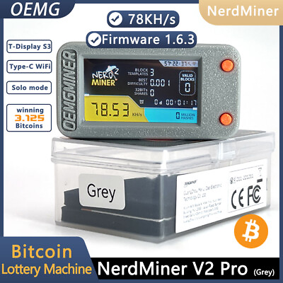 #ad NerdMiner V2 Pro Bitcoin Lottery Miner 78K 1W Firmware 1.6.3 with Grey case $44.00