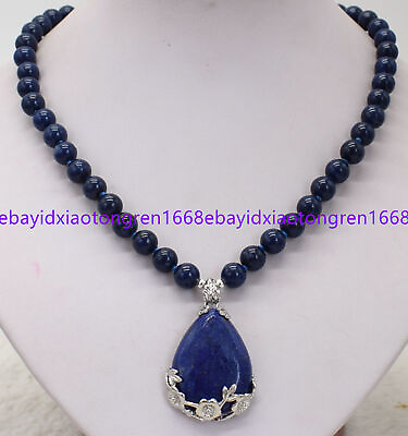 #ad 8mm Natural Blue Lapis Lazuli Round Gemstone Beads Pendant Necklace 18 Inch $7.59