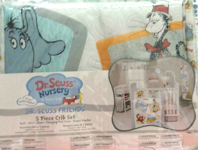 #ad NEW DR. SEUSS amp; FRIENDS 5 PIECE CRIB NURSERY SET QUILT SHEET DIAPER STACKER BABY $99.90