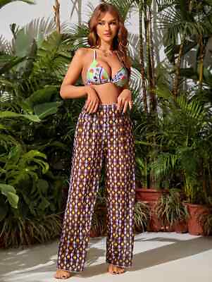#ad Bikini S M L Allover Print Halter Triangle Bikini Swimsuit W Beach Pants $17.95