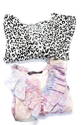 #ad Zara Womens Leopard Paisley Crop Tops White Purple Size XS Small Lot 2 $41.49
