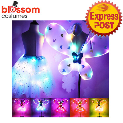 #ad N175 Light Up Fairy Wings Tutu Skirt Butterfly Wand Headband Tinkerbell Costume AU $19.95