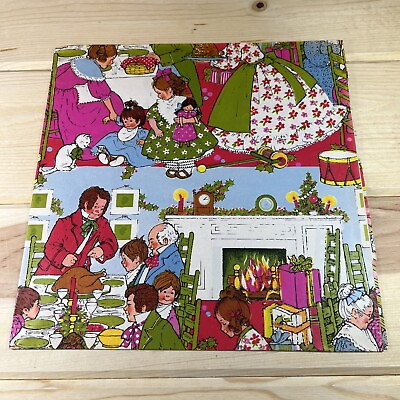 #ad Vtg Christmas Wrapping Paper Dickens Like Scene Pink Green Family 2 26x20 Sheets $17.49