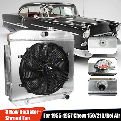 #ad 3 Row Aluminum Cooling RadiatorFan Shroud For 1955 1957 Chevy Block V8 Bel Air $183.99