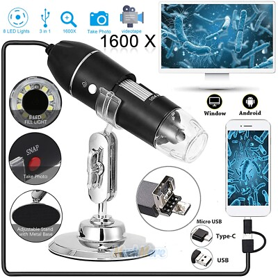 8LED 1600X 10MP USB Digital Microscope Endoscope Magnifier Camera w Stand Black $25.71