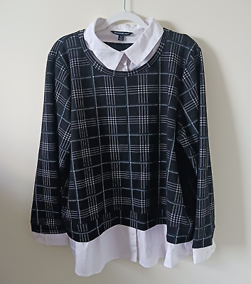 #ad Zac amp; Rachel Shirt Women#x27;s Black White Size 2X Plaid Collar Long Sleeve Blouse $19.99