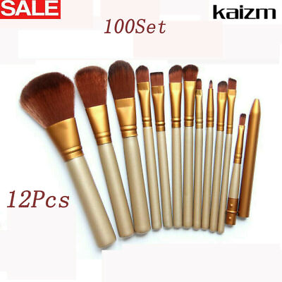 #ad 12Pcs Make Up Brushes Tool Makeup Foundation Blusher Brown Gold New 100Set Hot $3.75