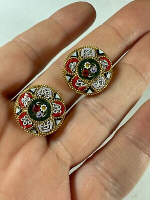 #ad Vintage Earrings Mosaic Flower Round Tile Classic Italian Color Red White Green $21.75
