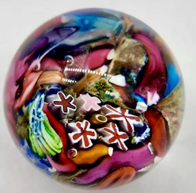 #ad Doug Sweet Signed Marble Sphere Paperweight Dichroic Millefiori Art Glass 1.5quot; $125.00